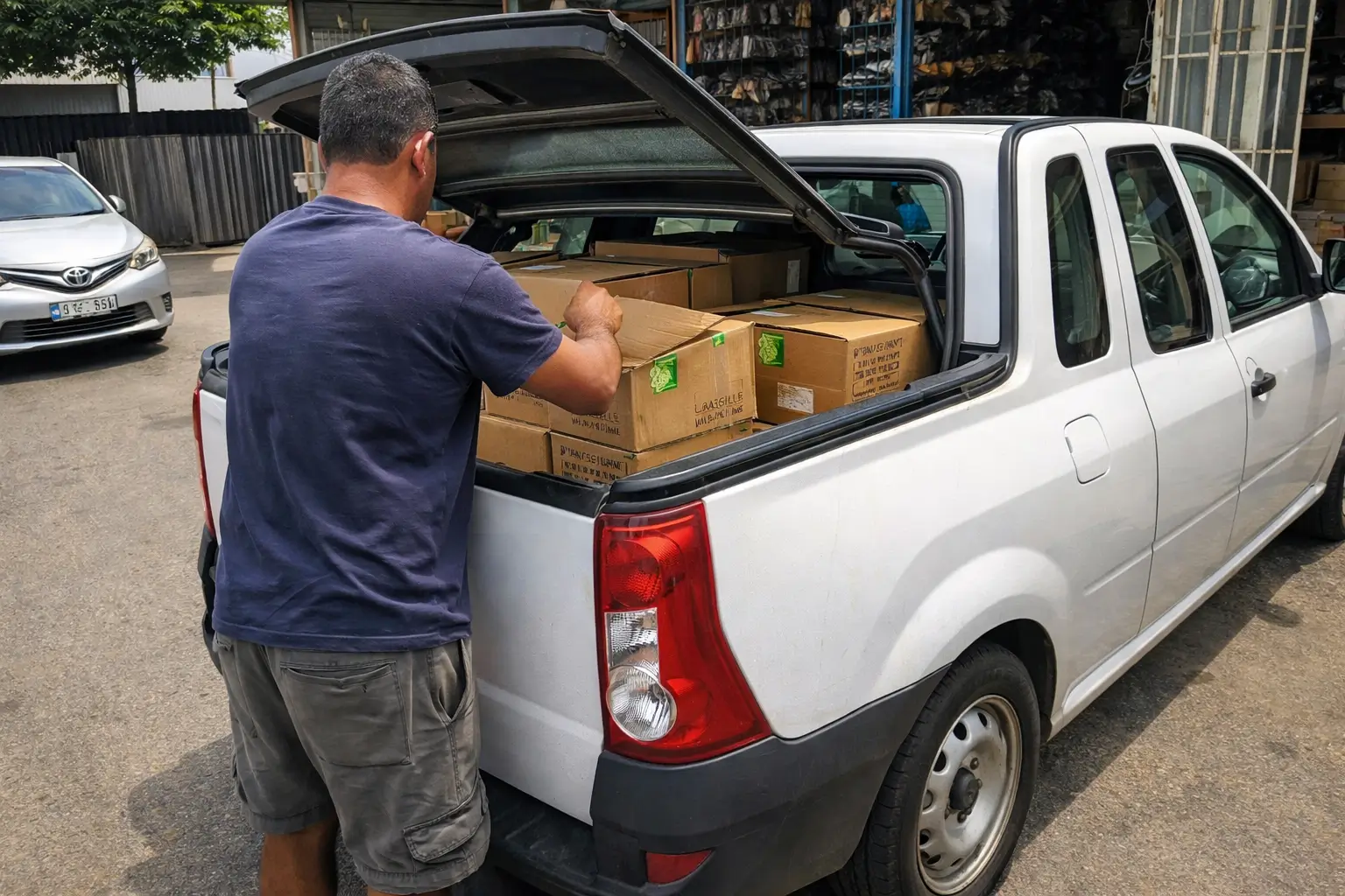 Boxed Suzuki spares loaded into a bakkie at the Pretoria West yard for courier