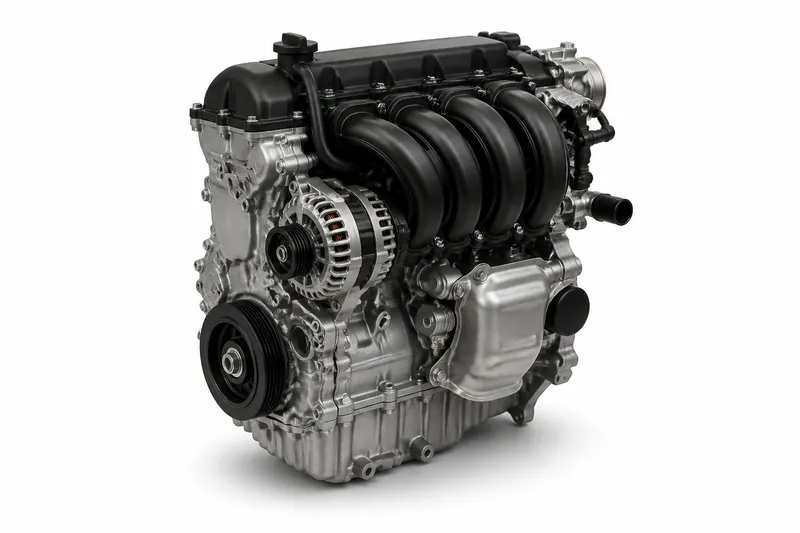 Inline four-cylinder petrol engine, studio photograph